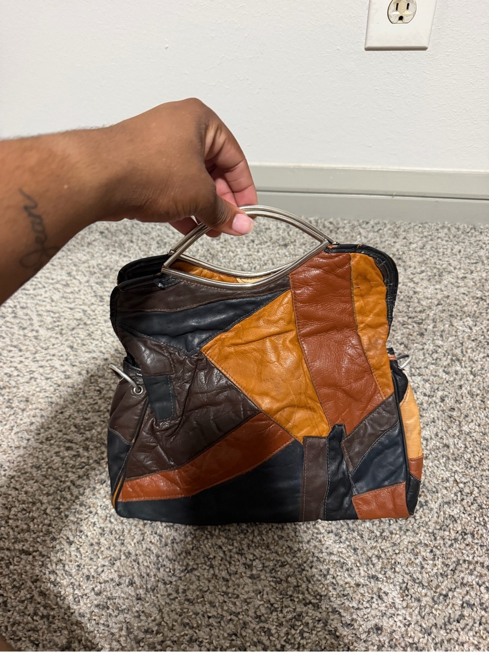 Vintage Patchwork Leather Top-Handle Bag in Brown & Tan